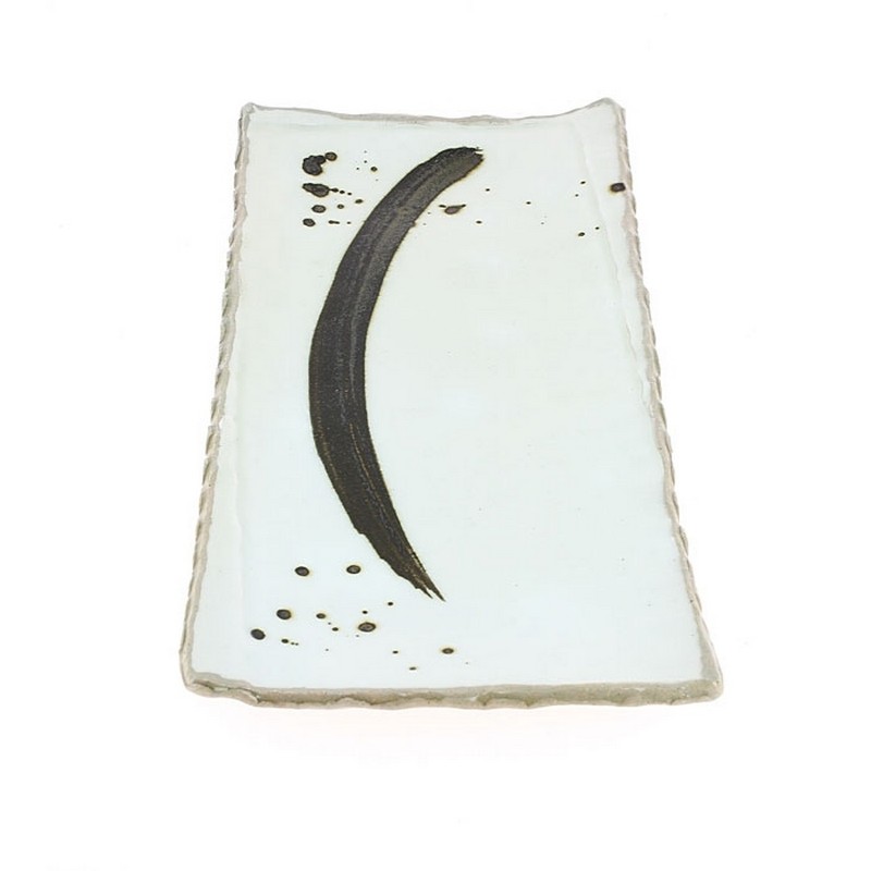 Piatto rettangolare color crema con pennellata, in ceramica di artigianato giapponese con finitura irregolare